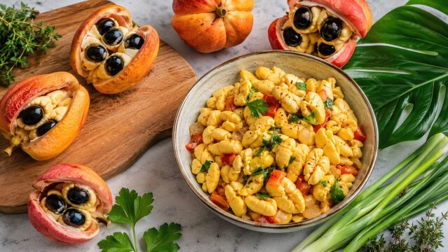 Bowl of golden gnocchi with herbs and red peppers, surrounded by halved ackee fruits, fresh parsley, scallions, and rustic serving board