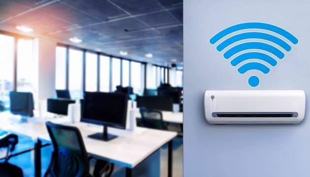 white router with blue wi fi symbol on wall of empty bright modern business office with furniture desks computers blurry background