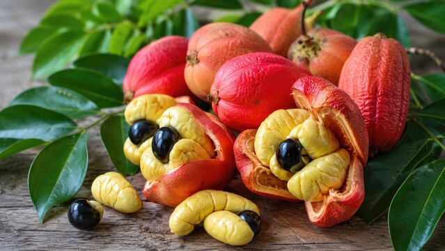 Open red ackee pods revealing yellow arils and glossy black seeds on green leaves, tropical fruit close-up still life