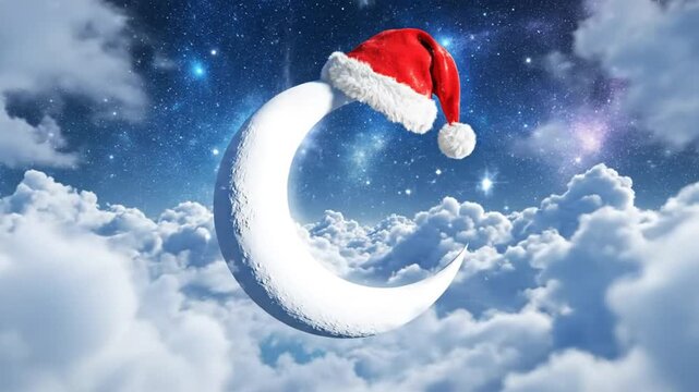 Festive crescent moon wearing Santa hat floating through fluffy white clouds under starry night sky scene.
