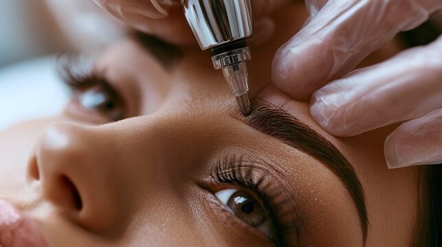 Close-up of permanent makeup artist microblading eyebrow with tool, professional beauty procedure