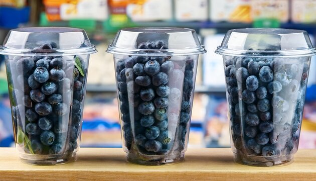 plastic glass with lid closed with blueberries on shelf in store healthy ready to go snack to take away from berries in cup