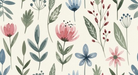 Fototapeta premium Seamless Floral Pattern with Tulips and Leaves, Vintage Botanical Flower Design Vector Illustration for Wallpaper, Textile, Nature Decor and Spring Ornament Background
