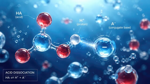 Illustration of acid dissociation showing molecules splitting into a proton (H+) and conjugate base (A-) in an aqueous molecular environment