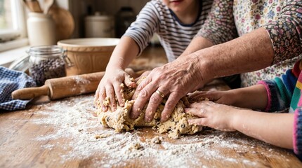 Fototapeta premium Elderly hands and young hands kneading dough with chocolate chips. A warm scene of intergenerational bonding and traditional baking. Ideal for family or lifestyle content.