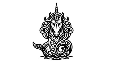 Mythical sea unicorn hippocampus creature, black and white line art, fantasy illustration © eko