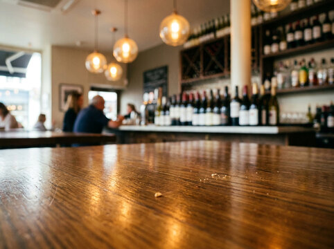 People sitting at a modern bar counter with wine bottles and warm golden pendant lights in a cozy restaurant