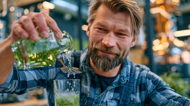 absinthe distiller explaining the louche effect to a trade buyer, tilting a water carafe above a slotted spoon resting on a tall glass, droplets clouding the spirit, a copper still visible through a