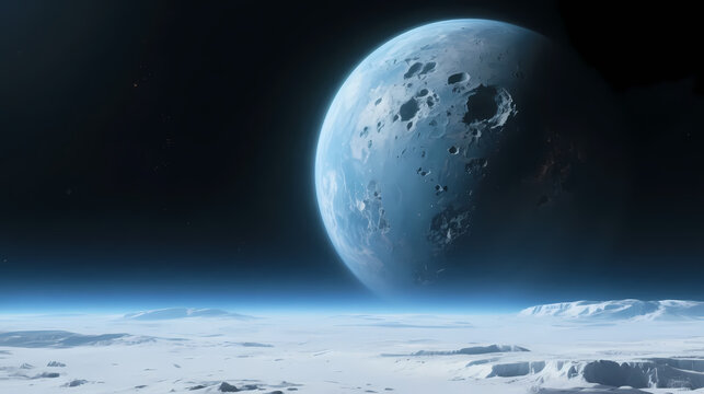 Gray cratered planet in dark space