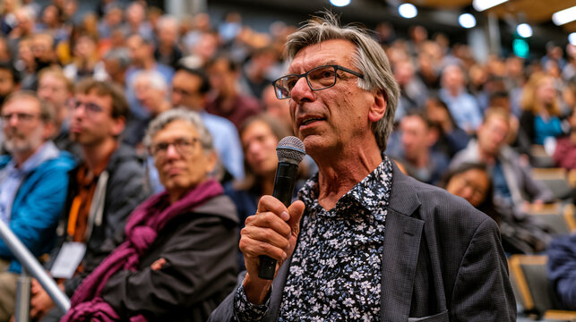 AI ethics panel discussion in standing-room auditorium, moderator holding microphone toward dissenting researcher arguing against autonomous system deployment timelines, tense body language visible 