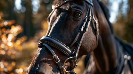 Obraz premium Portrait of a brown horse wearing a bridle in a sunny autumn forest with portrait