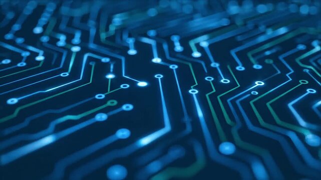 Circuit board architecture displays intricate glowing blue lines representing digital data flow.