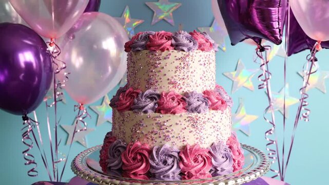 Festive two-tier birthday cake with pink and purple frosting roses surrounded by balloons and stars for celebration