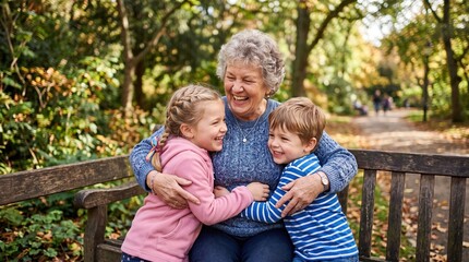 Fototapeta premium A laughing grandmother hugs her two grandchildren on a park bench. This joyful scene depicts family bonding and love in nature. Ideal for family, aging, and lifestyle concepts.