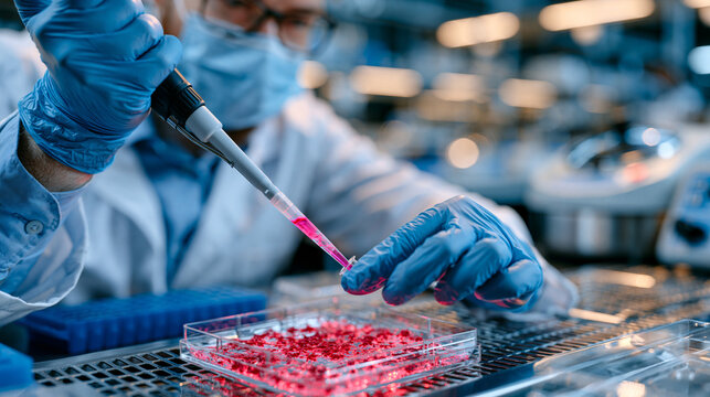 Close up of neuroscience researcher pipetting fluorescent marker into neuron culture plate, laboratory bench with centrifuge visible background, neuroinflammation depression biomarker study, biomedi