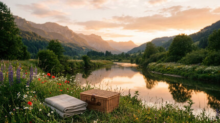 Fototapeta premium Serene picnic by the lakeside at sunset with a woven basket and cozy blanket surrounded by nature's beauty