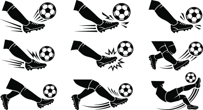 Soccer Player Kicking Ball Silhouette Collection Featuring Dribbling Shooting Passing Volley and Football Action Pose Vector Set
