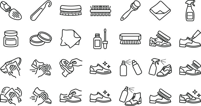 Shoe Care and Cleaning Line Icon Set Featuring Polish Brushes Cloth Spray Wax Repair Tools and Footwear Maintenance Vector Collection