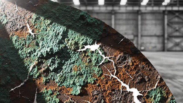 Weathered metal texture reveals corrosion and patina with cracks, aged rusty surface in industrial environment