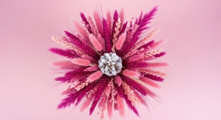 Obraz premium Elegant Symmetrical Composition of Pink Dried Grasses and Wheat with a White Pinecone Centerpiece
