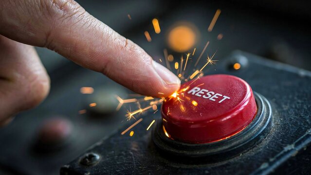 Finger pressing glowing reset button representing system restart recovery and technology reset concept