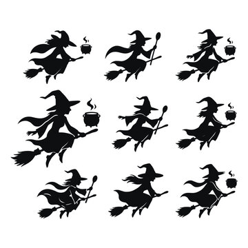Nine black silhouette witches flying on broomsticks holding cauldrons and magic potions