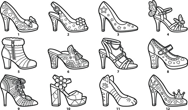 Decorative Women's High Heel Shoe Collection with Floral Pattern Bow Butterfly Platform Sandals and Fashion Footwear Outline Vector Set
