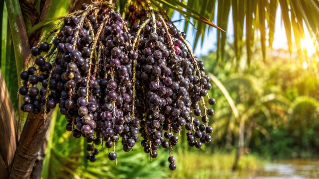 Cluster of dark purple a&ccedil;a&iacute; berries hanging from a palm tree in a sunlit tropical waterside setting