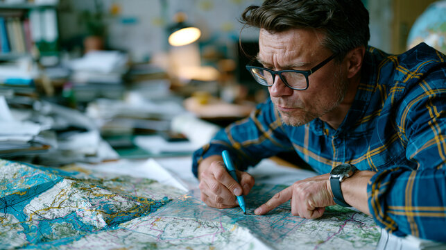 geodetic surveyor comparing satellite positioning data with historical triangulation records in a regional land registry office, large cadastral maps spread across a drafting table, a junior surveyo