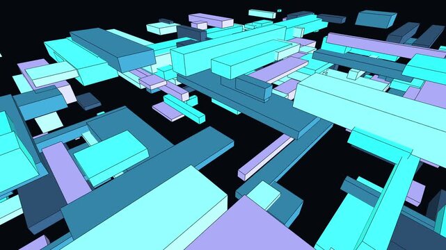 Procedural art abstract geometric pattern with cyan, blue, and purple blocks in a construction art style. Suitable for backgrounds, packaging design, and digital art projects.