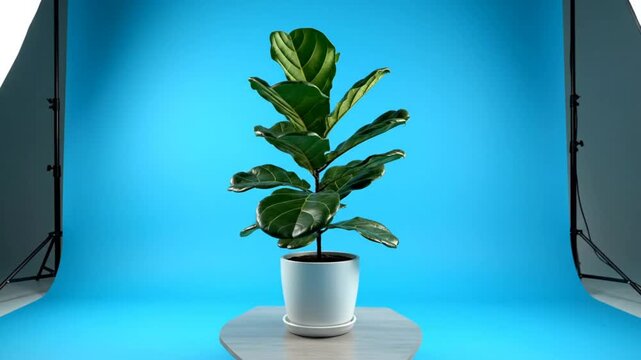 Fiddle Leaf Fig Tree Potted on Blue Background with Studio Lighting, Beautiful Houseplant, Botanical