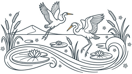 Fototapeta premium Two elegant cranes flying over pond with water flowers.