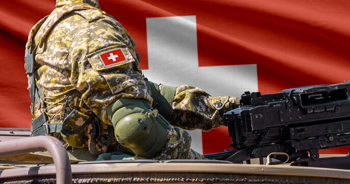 Switzerland flag with soldier at machinegun turret