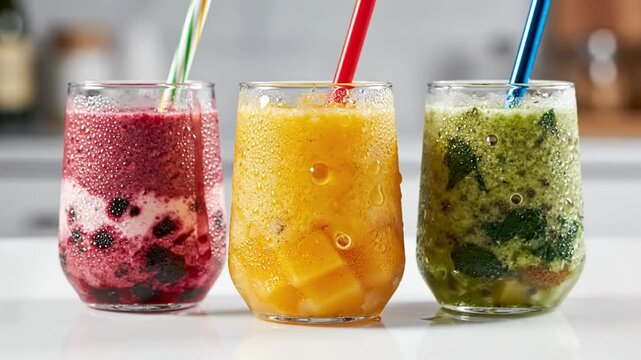 Three refreshing cold smoothies in glasses with straws, assorted fruity drinks for healthy lifestyle and hydration