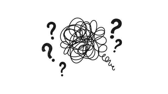 Hand-drawn messy scribble knot with question marks isolated on transparent background. Concept of confusion, doubt, and mental stress. Black doodle messy tangled line with hand-drawn question marks.