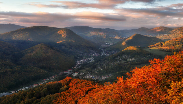 Slovakia from Jastraba peak over Kremnica city at autumn - mountain landscape