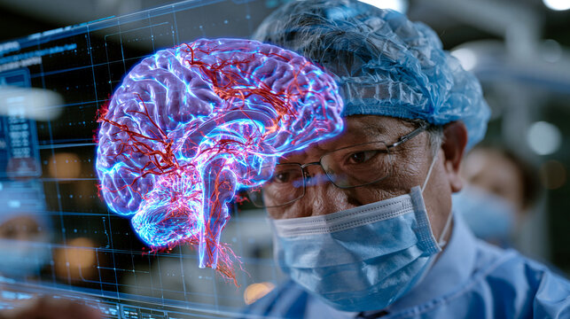 Neurosurgeon reviewing three dimensional cortical mapping holographic display before awake craniotomy procedure, operating suite preparation moment, surgical planning medical technology, clinical pr
