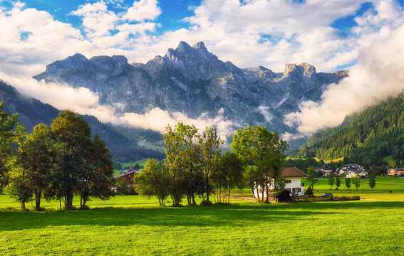 Fabulous view of Alpine green fields and mountains am Tennengebirge. Location: Werfenweng, im Pongau district, Salzburg state, Austria