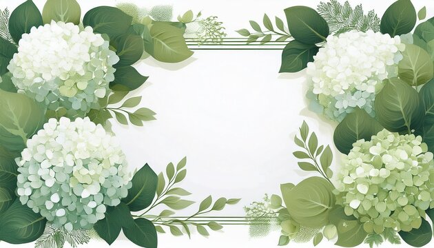 whimsical floral frame featuring green and white hydrangeas leaves and delicate foliage perfect for invitations or decorative backgrounds
