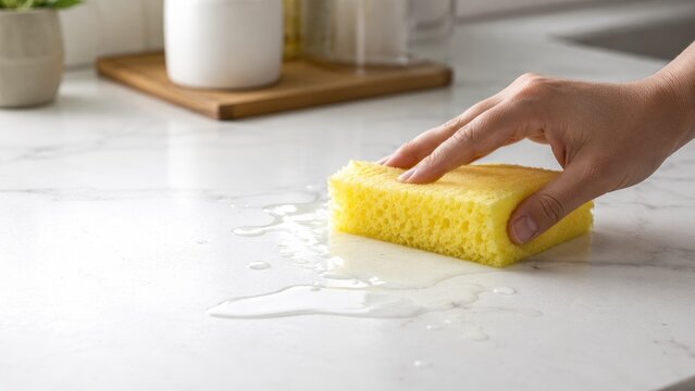 Hand using a yellow sponge to wipe water from a white kitchen countertop near soap and a small plant