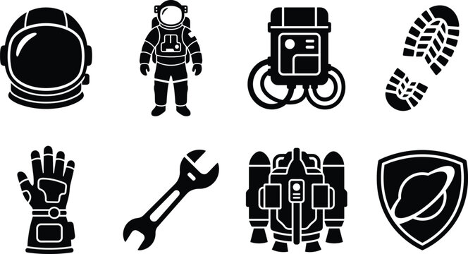 Set of astronaut and space exploration black silhouette vector icons on white background