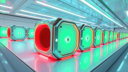 Fototapeta premium Futuristic tunnel features glowing hexagonal structures. Bright teal, red illumination creates dramatic perspective. Clean lines, modern design dominate scene.