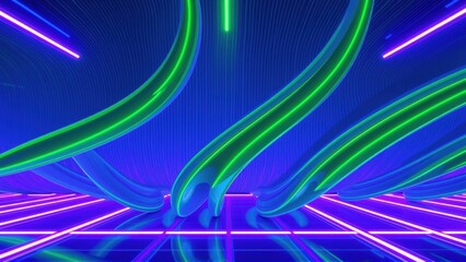 Fototapeta premium Abstract neon lines create futuristic tunnel. Vivid purple, green hues dominate dark background. Striking visual effect.