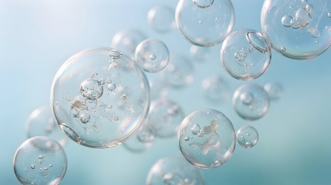 Abstract Close-Up of Transparent Clear Soap Bubbles Floating in Air Against Soft Blue Gradient Background, Effervescent Texture