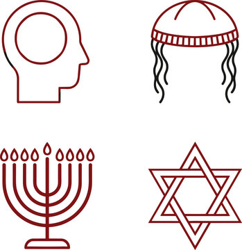 Jewish culture line icons collection featuring kippah hat with payot sidecurls hanukkah menorah candelabra and star of david vectors