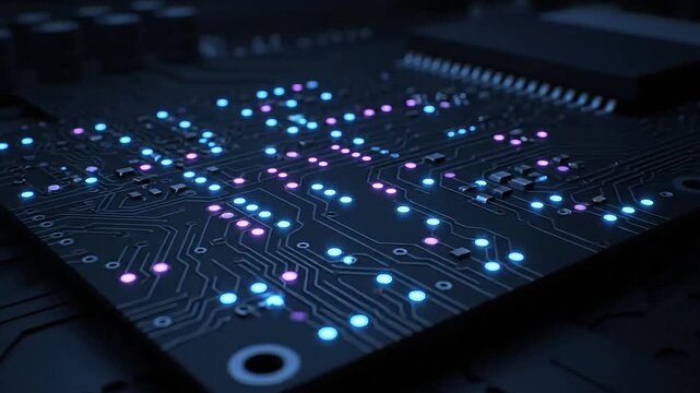 Circuit board surface displays glowing blue and pink data nodes across a dark complex processor interface.