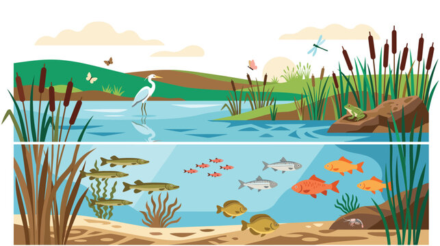 Healthy pond environment with fish, frog, and bird.