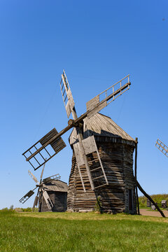 Traditional Ukrainian Wooden Mill at Pyrohiv Open-Air Museum in Kyiv