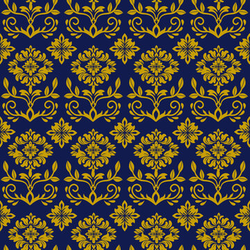 Damask seamless pattern elegant golden floral ornaments on navy blue background. Classic baroque motifs retro symmetrical botanical details create a luxurious, vintage wallpaper decorative design.