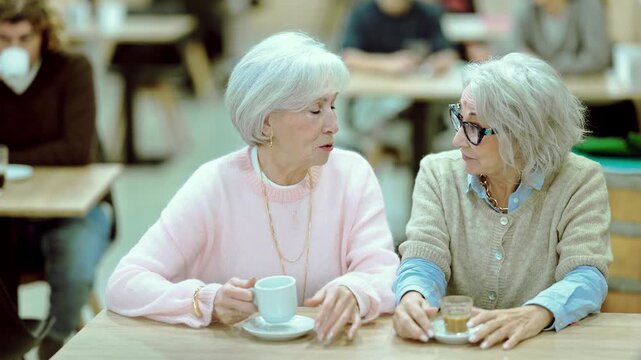 Two aged women friends or family drinking coffee and chatting at table in big cafe